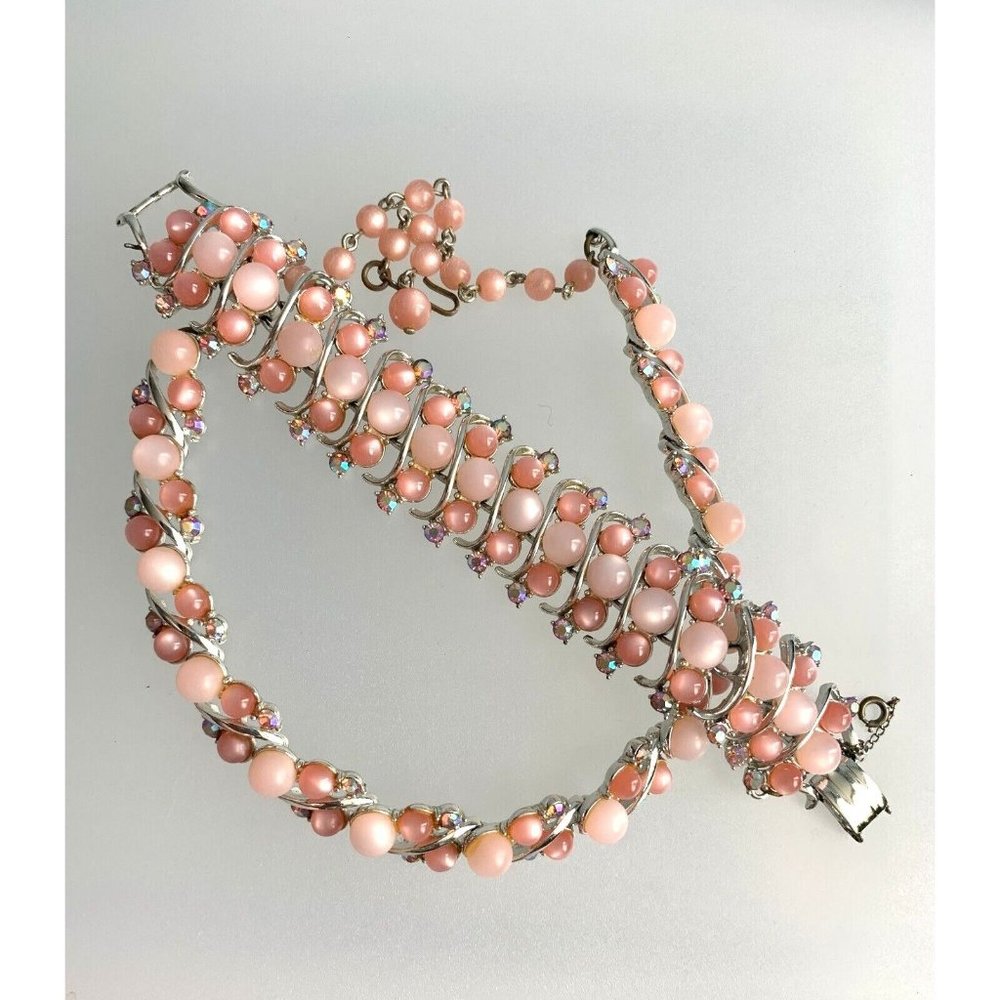 Vtg. Signed STAR Gorgeous Moonstone & AB Rhinestones Pink Necklace Bracelet Set